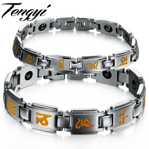 Stainless Steel Wide Yoga Bracelet With Energy Magnetic Stones