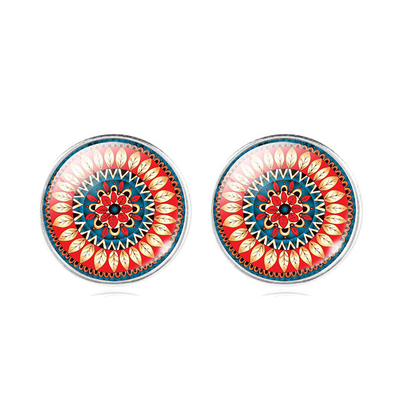Classic Mandala Flower OM Symbol Glass Cabochon Stud Earring