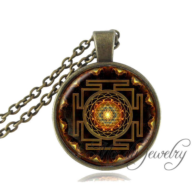 Vintage Bronze Sacred Geometry Spiritual Yantra Pendant with Necklace