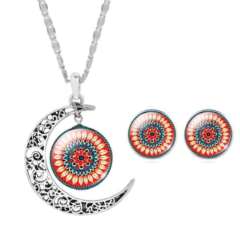 Zen Art Glass Moon Pendant & Chain Necklace With Earrings Set