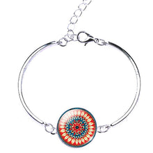 Silver Plated Cabochon Mandala Flower OM Symbol Cuff Bracelet
