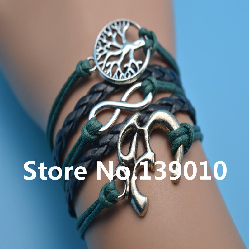 Silver Om Infinity Tree Of Live Black & Green Leather Charm Bracelet