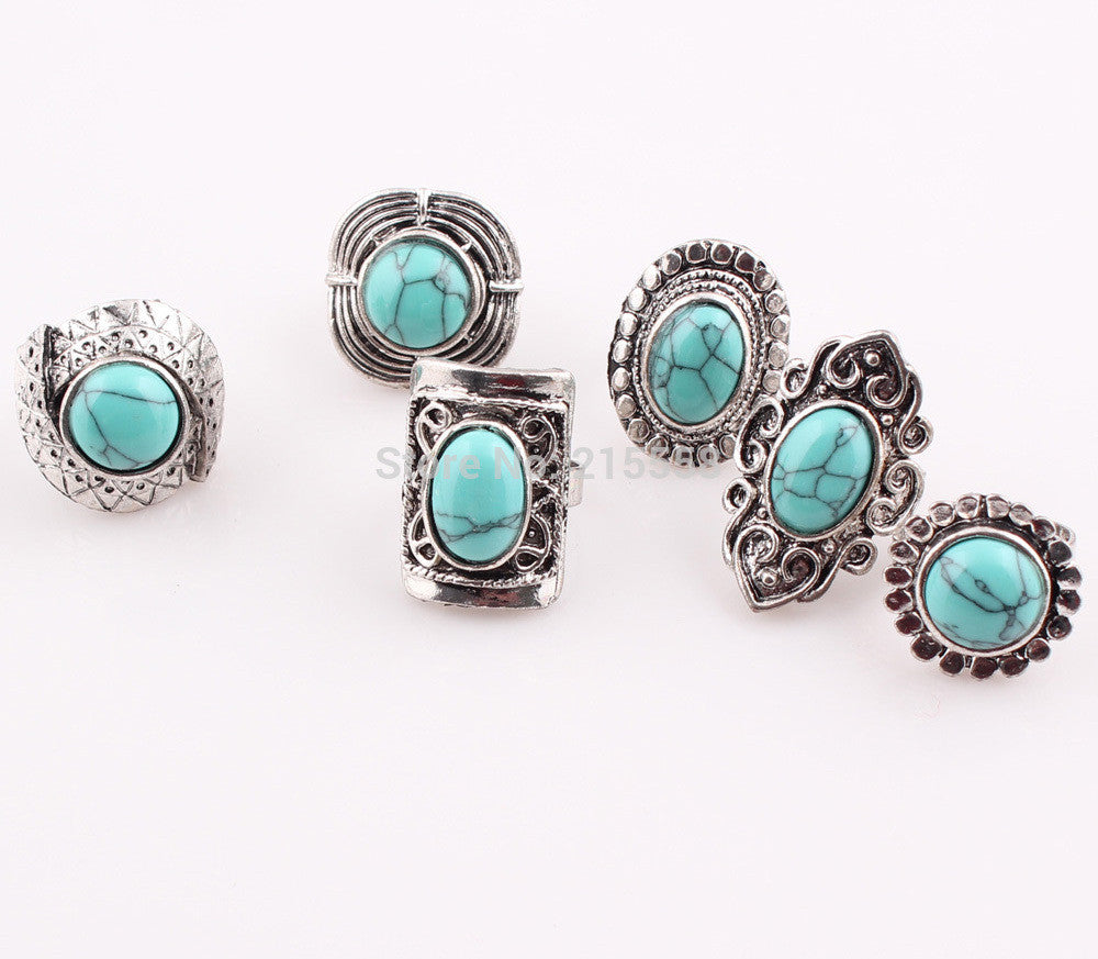 Tibeten Style Turquoise Stone Silver Plated 5PCS Rings Set for Women