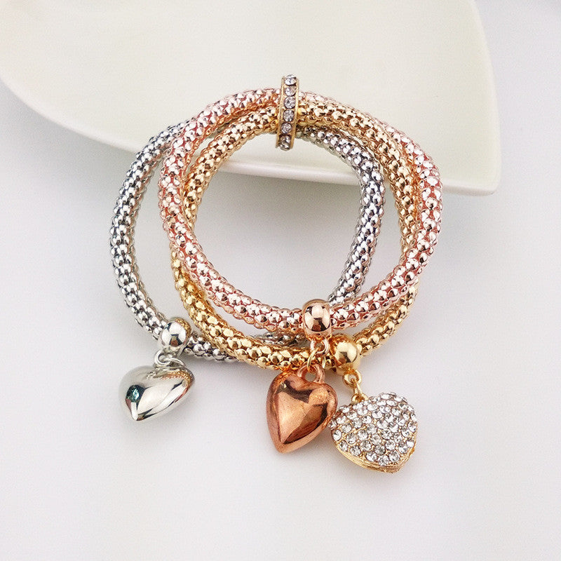 Three Colors Suit Elastic Corn Chain Bracelet With Heart Shape Pendants for Women