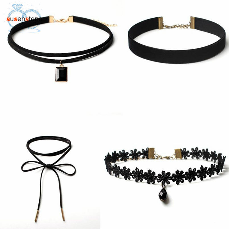 4 Choker Necklaces Set (Stretch Velvet, Classic Gothic, Tattoo and Lace Choker)