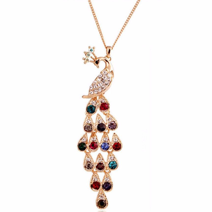 Long Crystal Colored Peacock Necklace