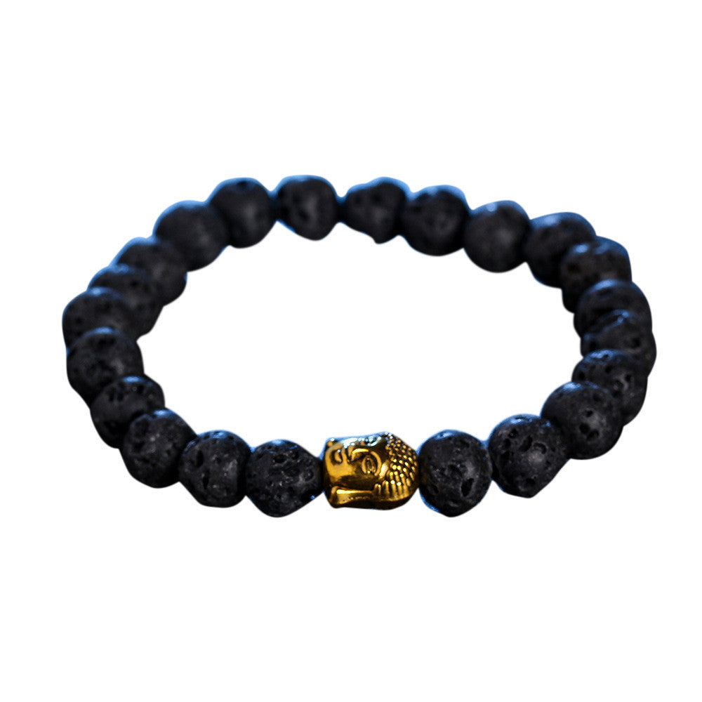 Obsidian or Lava Stone Golden Buddha Head Bracelets