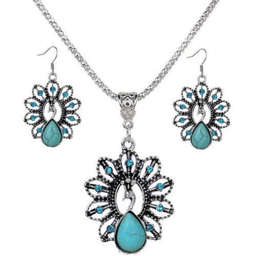 Jewelry Set Bohemia Style Peacock Turquoise Necklace and Earrings