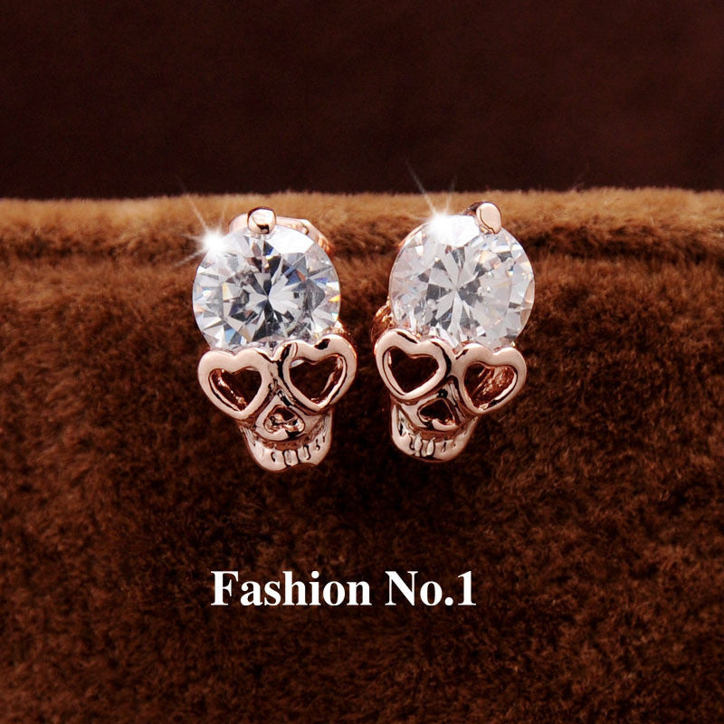 Diamond 18K Gold Plated Skull Stud Earrings